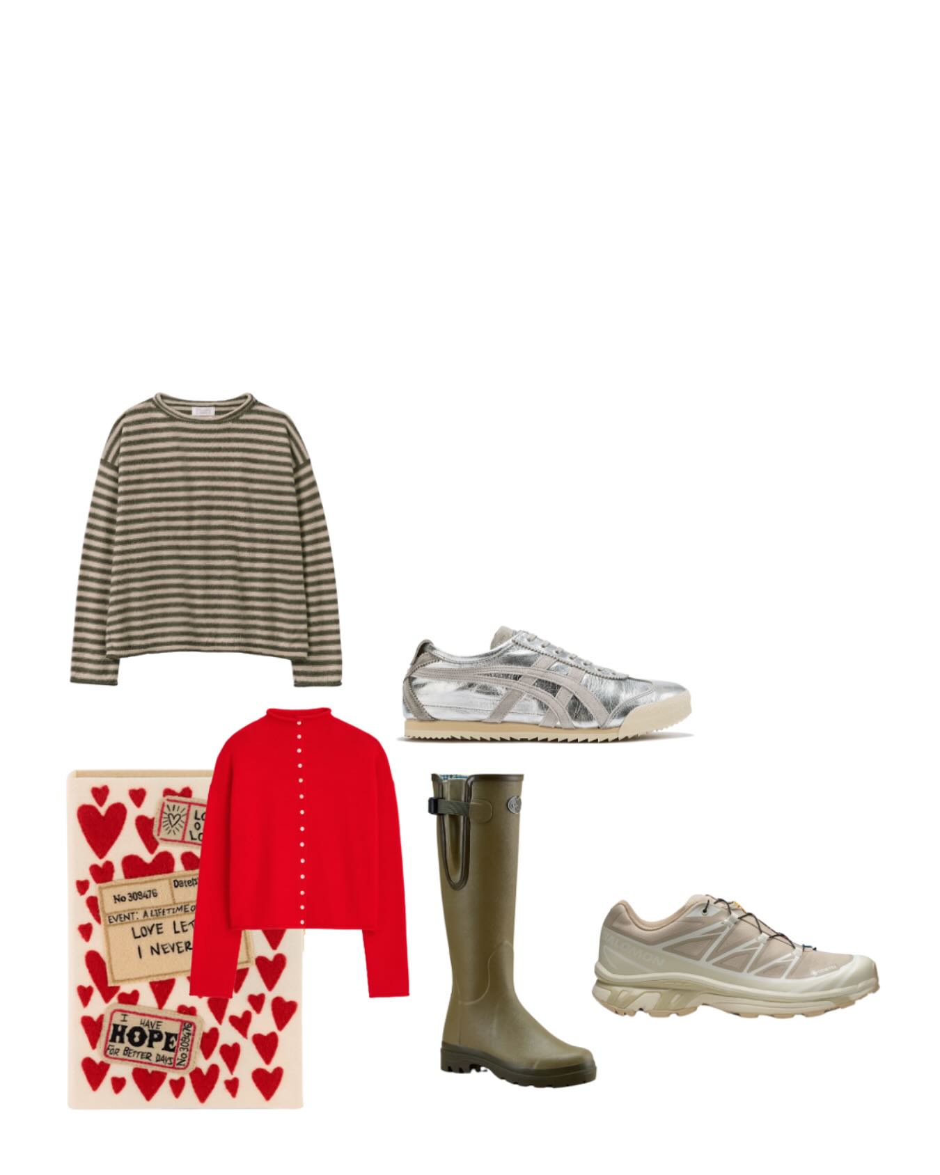 Fashion outfit collage with clothing items and accessories