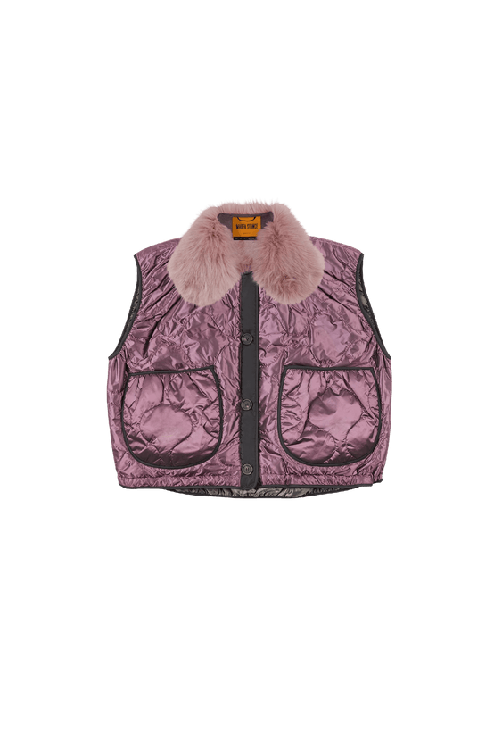 Purple quilted vest with fur collar